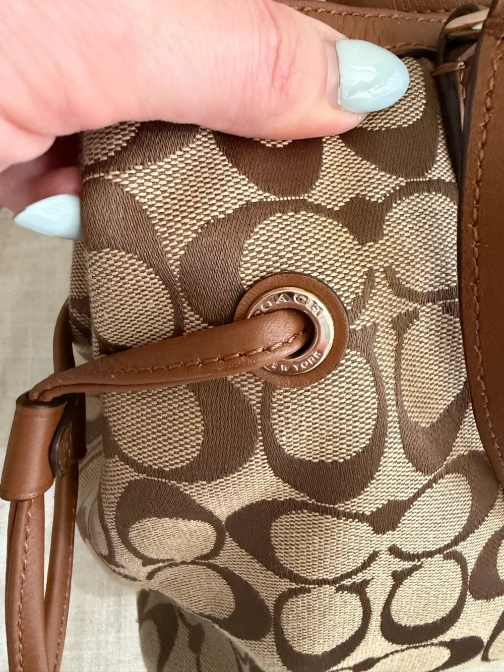 Coach Brown Signature Carryall Drawstring Pink Snakeskin Stripe Bag